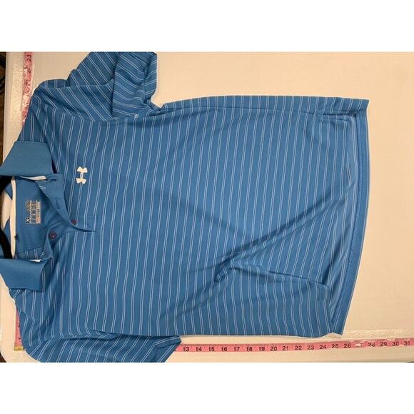 Under Armour Mens Blue Striped Polo Shirt Loose Fit HeatGear MD - Picture 6 of 6